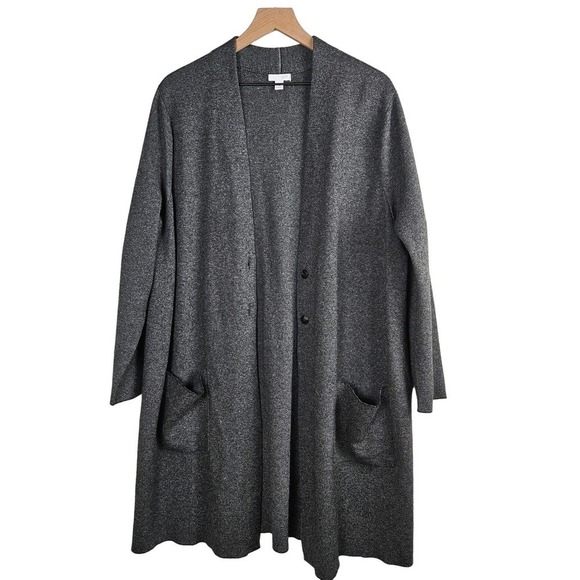 J.Jill Long Cardigan Sweater 2XL Plus Black Grey Weave Pocket Duster‎ - Picture 2 of 8